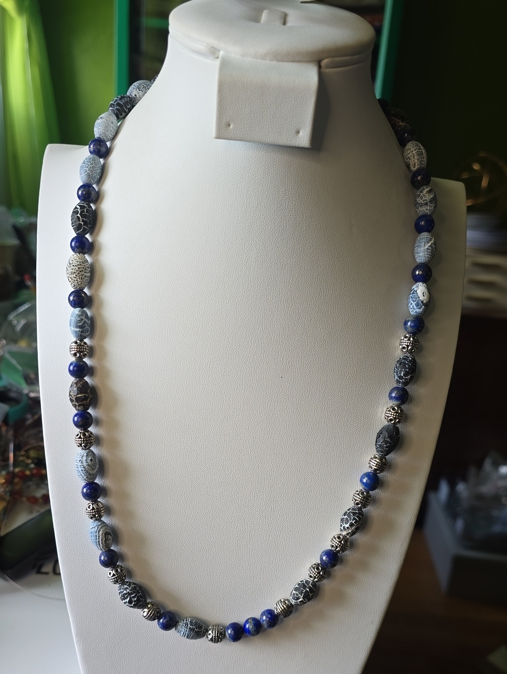 Handmade Blue Agate Bead Necklace with Silver Accents